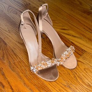 Tory Burch Rose Satin Heel With Blush Pink Gem Flower Petal Detail